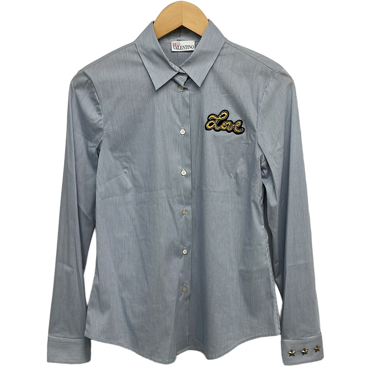 【新着】【中古】RED VALENTINO(レッドバレンチノ) 長袖プルオーバートップ 縞模様/スタッズ/はやりっ子(星)/紋章 白×青み×黒