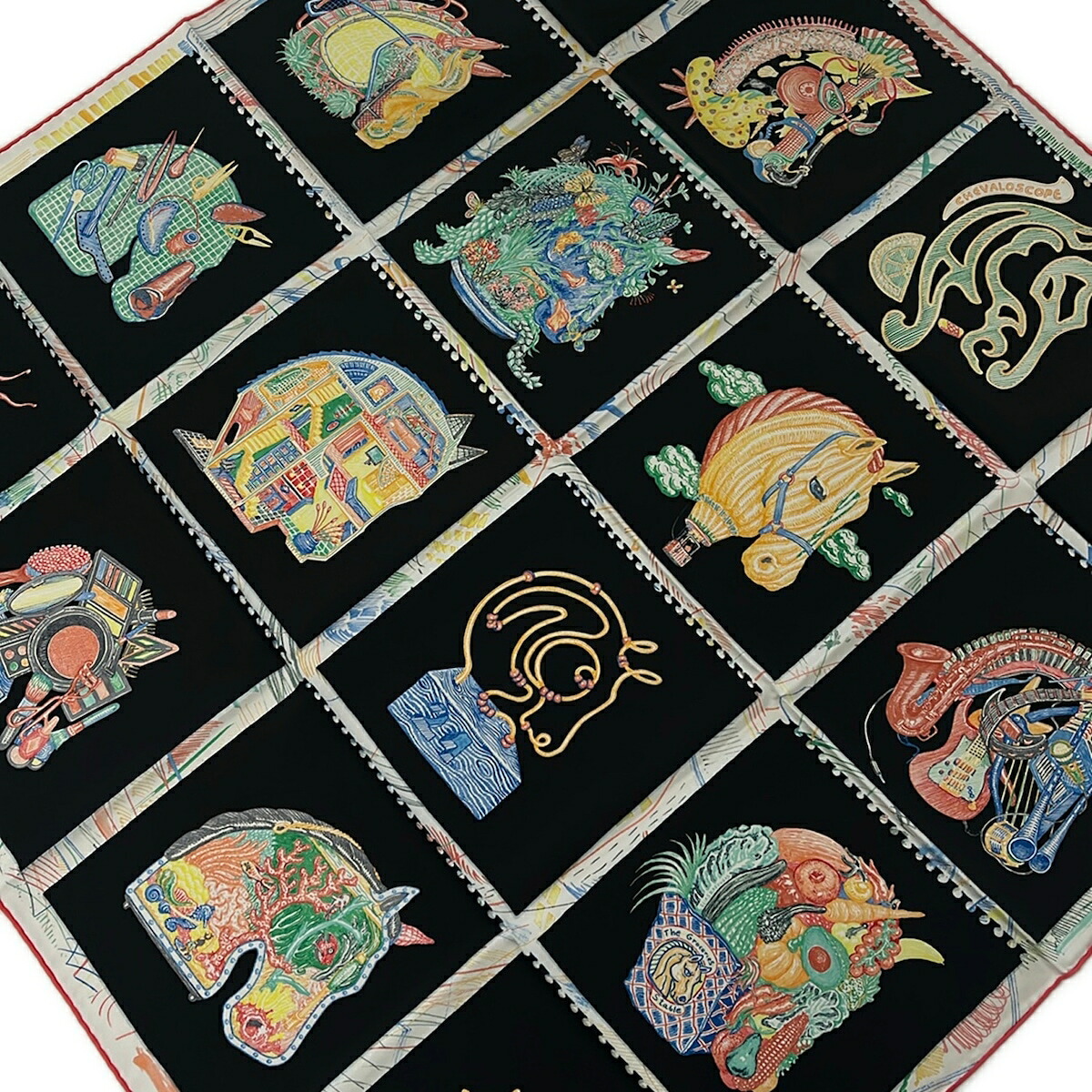 【中古】HERMES(エルメス) カレ90 えり巻き 黒×青み×マルチ