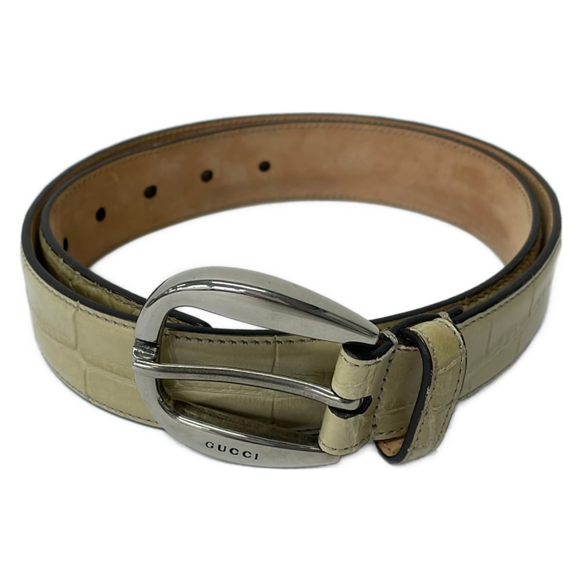 【新着】【中古】GUCCI(グッチ) 胴締め 型押し産業 象牙色×しろがね色 なめし革