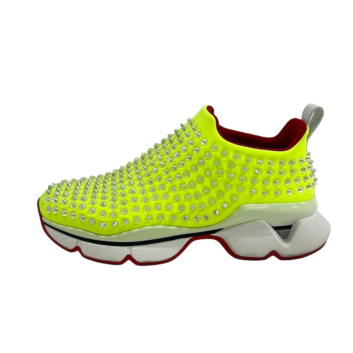 【中古】CHRISTIAN LOUBOUTIN(クリスチャンルブタン) スニーカー 靴下スニーカー/インソール取りはらい可/スタッズ ネオン黄色×読みやすい×白 なめし革