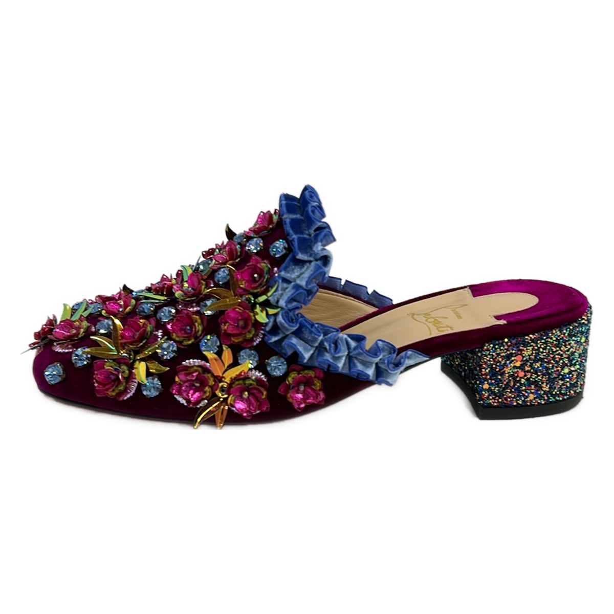 【中古】CHRISTIAN LOUBOUTIN(クリスチャンルブタン) ミュール お花(花)/フラウンス ボルドーワイン×青碧×マルチ