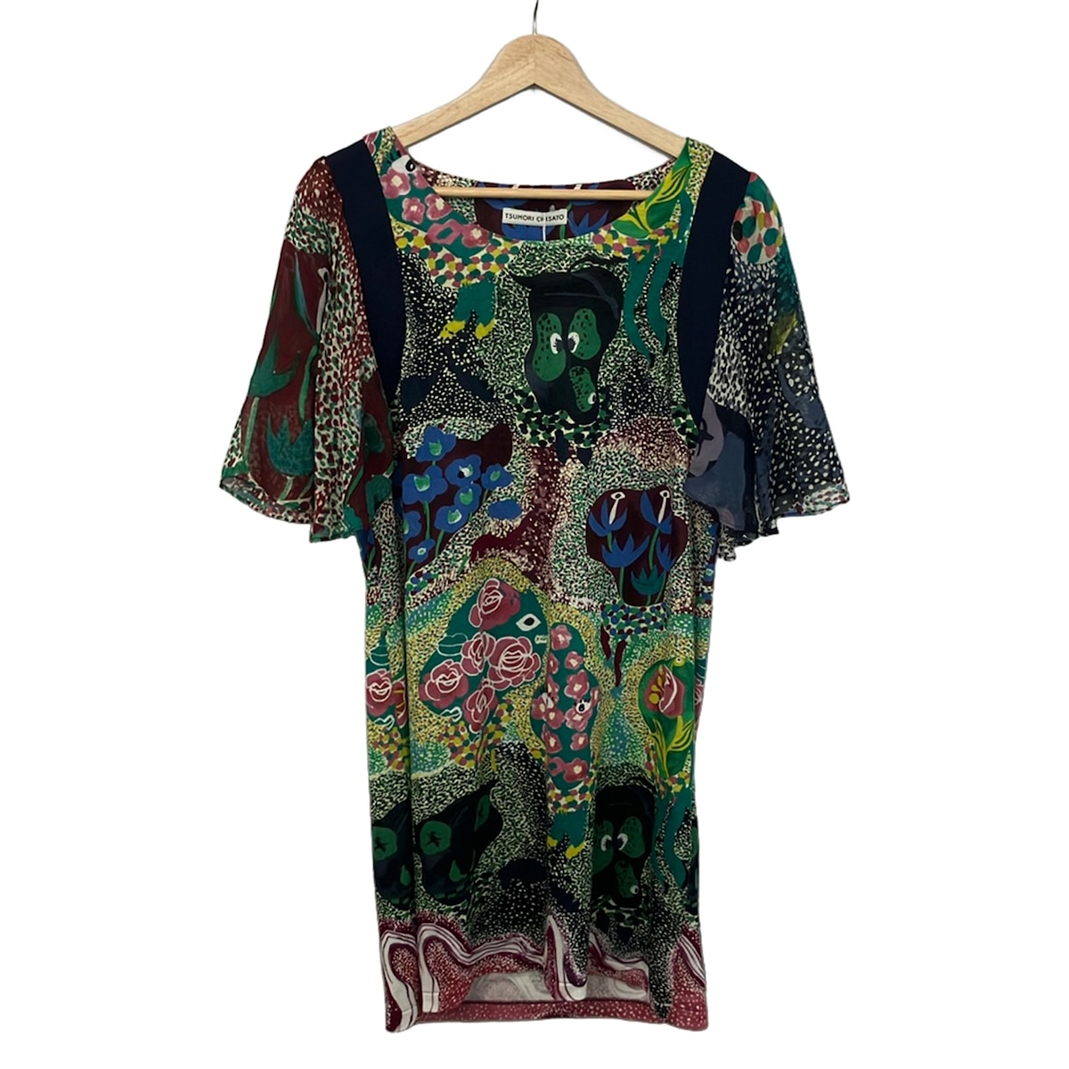 【中古】TSUMORI CHISATO(ツモリチサト) 衣装 労働者の一団のど首/半袖/ひざ丈/御花(花) 緑であること×ダークネイビー×マルチ