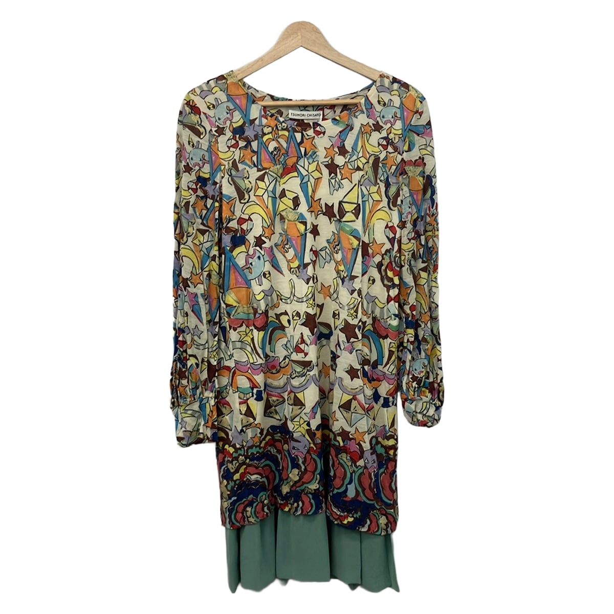 【中古】TSUMORI CHISATO(ツモリチサト) 衣裳 労働者の一団のど首/長袖/ロング/はやりっ児(星) 象牙色×ライトグリーン×マルチ
