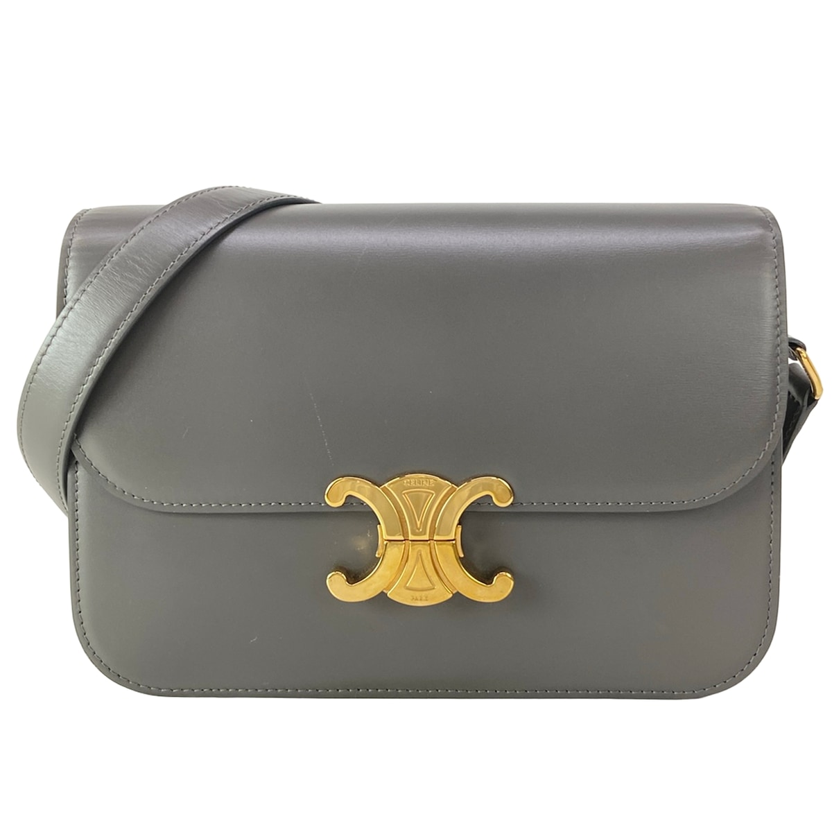 【新着】【中古】CELINE(セリーヌ) 古典派音楽 トリオンフ 御徒面子/トリオンフミディアム ショルダーバッグ ぺブル(薄墨色)