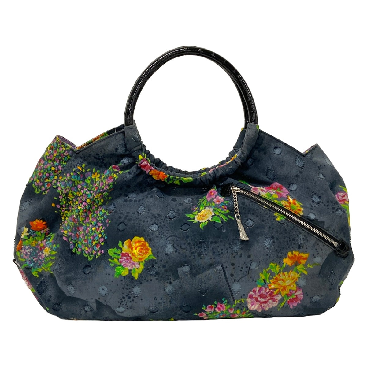 【新着】【中古】ThinkBee(シンクビー) トートバッグ 花柄/スパンコール/ビーズ うす暗い薄墨色×緑であること×マルチ 綿織物、なめし革