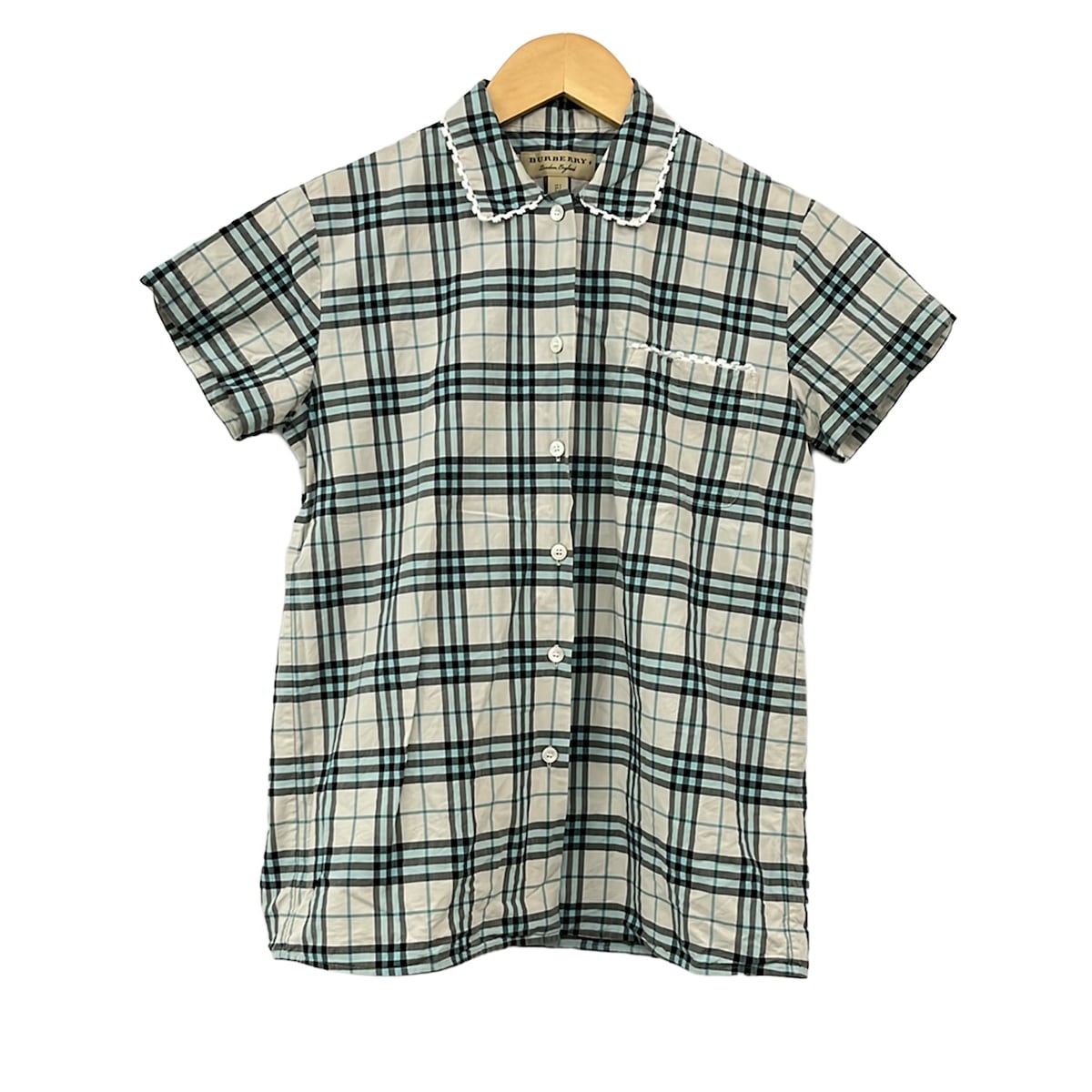 【中古】BURBERRY LONDON ENGLAND(バーバリーロンドンイングランド) 半袖プルオーバートップ 読み合わせる柄 点火装置薄墨色×点火装置青色×黒