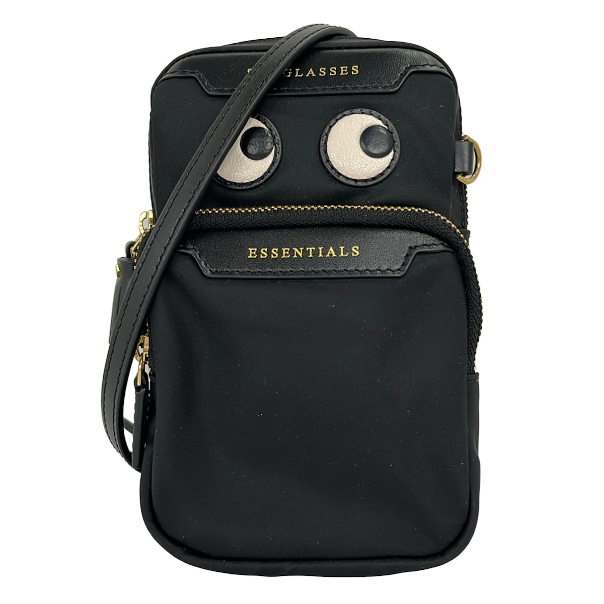 【新着】【中古】Anya Hindmarch(アニヤハインドマーチ) アイズ,エッセンシャルズ はりつけ台上半身 ショルダーバッグ スマホポシェット/同盟罷工一回り着脱可 黒 なめし革