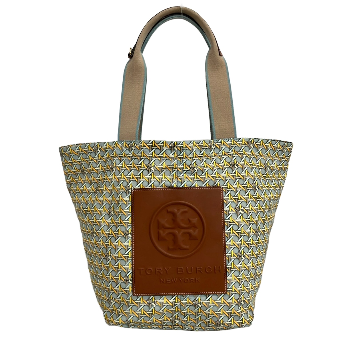 【新着】【中古】TORY BURCH(トリーバーチ) トートバッグ ともし火青み×うす暗い黄色×マルチ なめし革