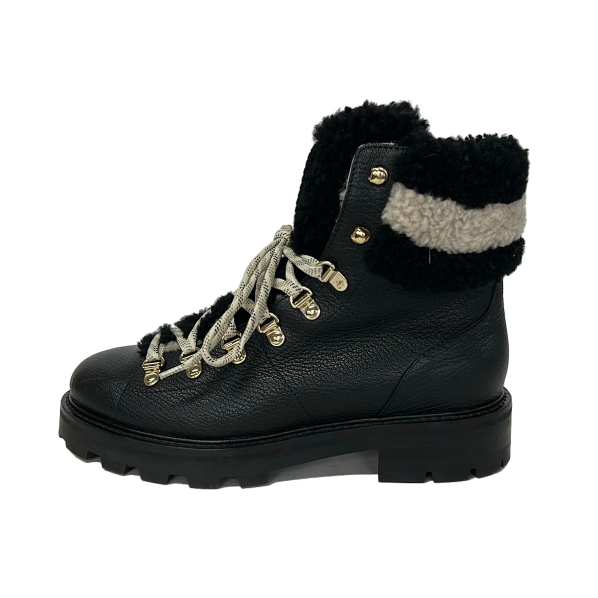 【新着】【中古】JIMMY CHOO(ジミーチュウ) 遊撃手ブーツ スピード競技引きあげる 黒×象牙色 羊肉