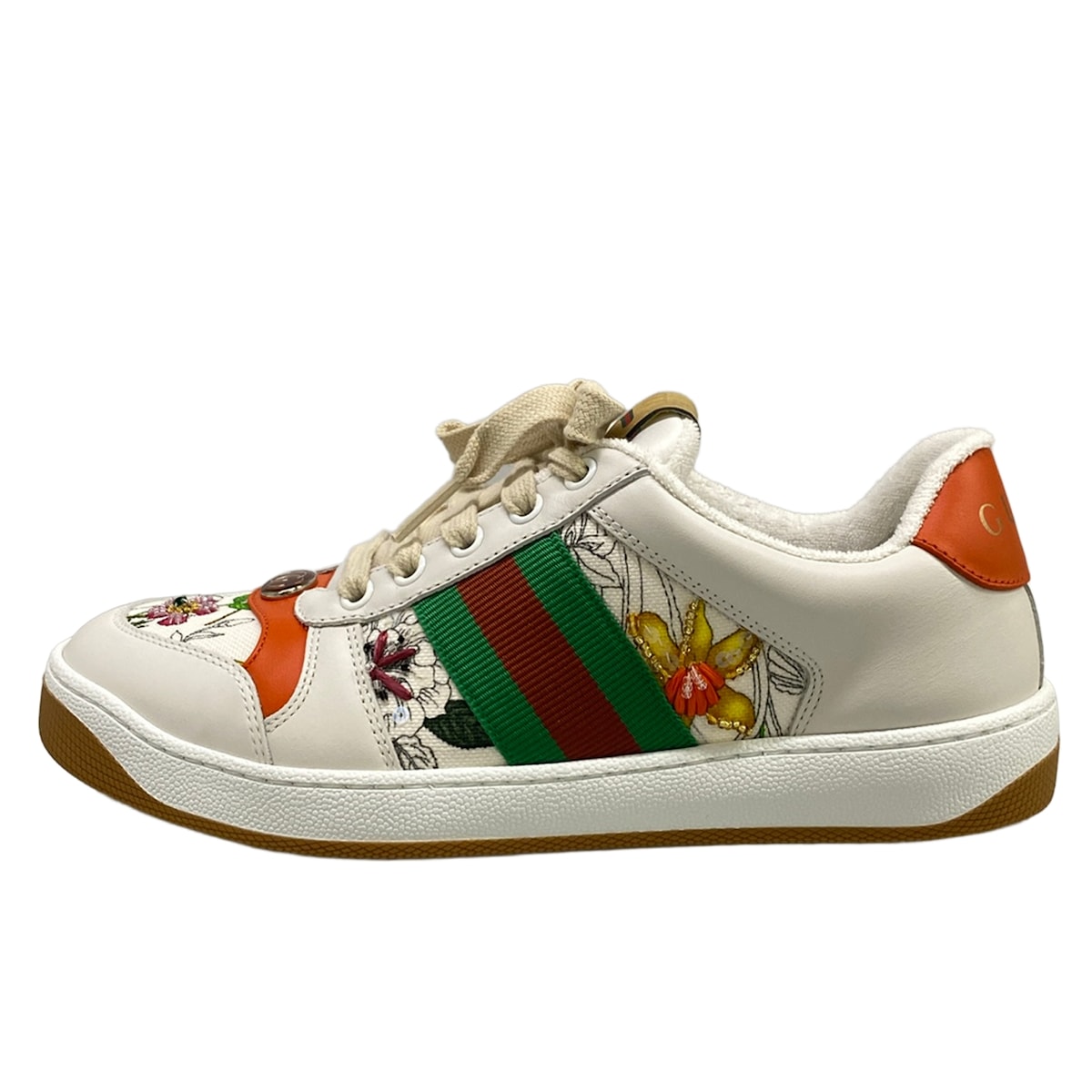 【新着】【中古】GUCCI(グッチ) スクリーナー スニーカー 花柄/スパンコール/ビーズ 白×オレンジ色×マルチ なめし革