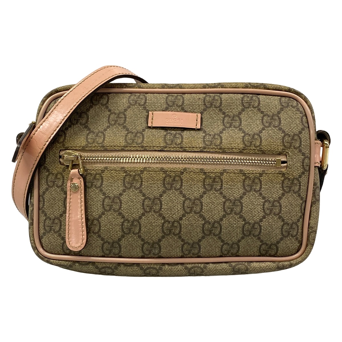 【中古】GUCCI(グッチ) GGつけ加える・GGスプリーム ショルダーバッグ ベージュ×暗然たる赤銅色×点火装置さくら色 なめし革