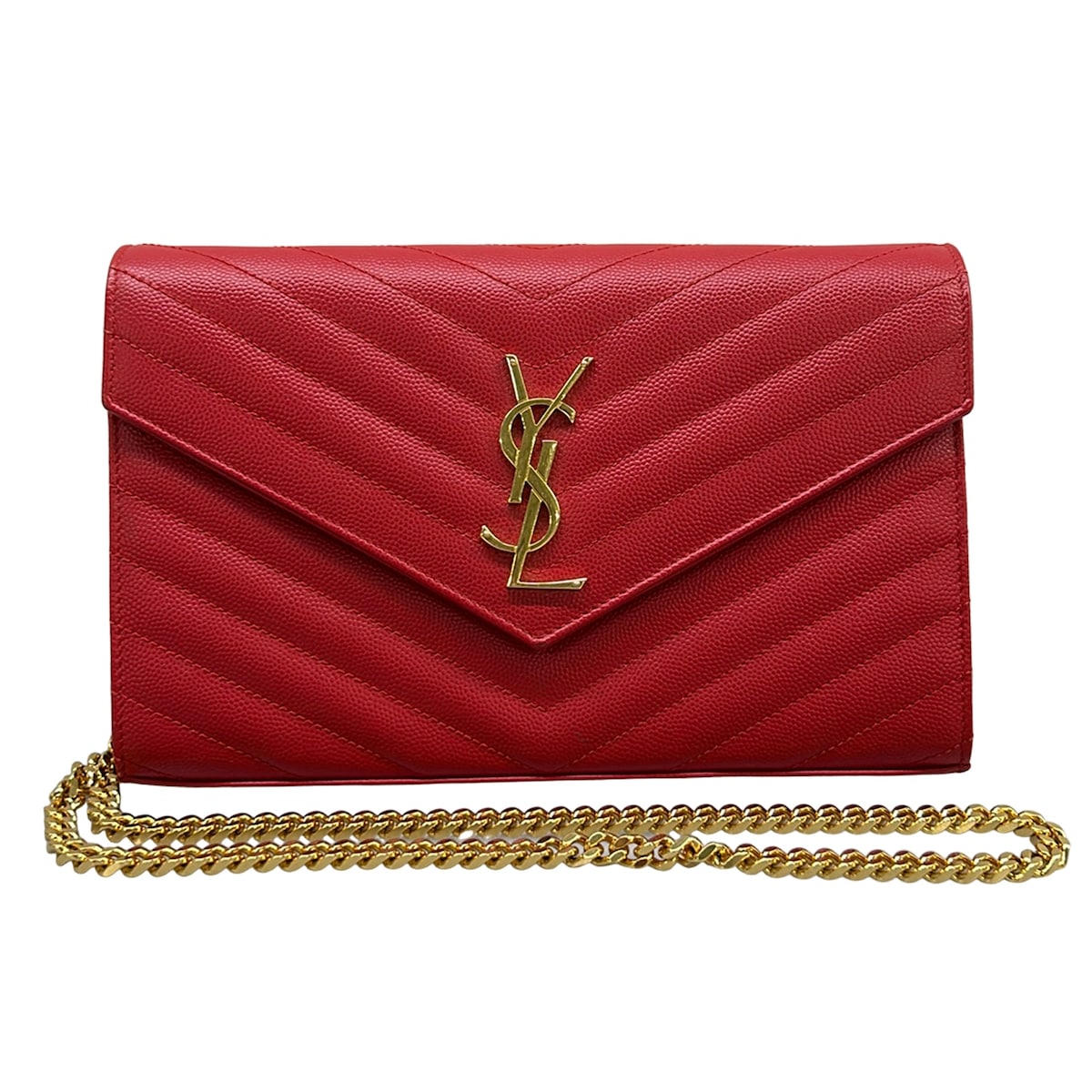 【中古】SAINT LAURENT PARIS(サンローランパリ) モノグラム サンローラン/カサンドラ 金入れ チェーンウォレット 赤いこと なめし革