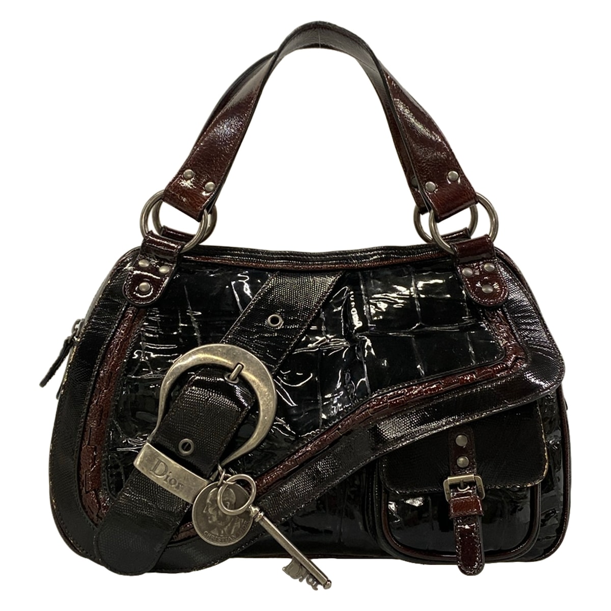 【中古】DIOR/ChristianDior(クリスチャンディオール/ディオール) ガウチョ ハンドバック 黒×うす暗い赤銅色 なめし革