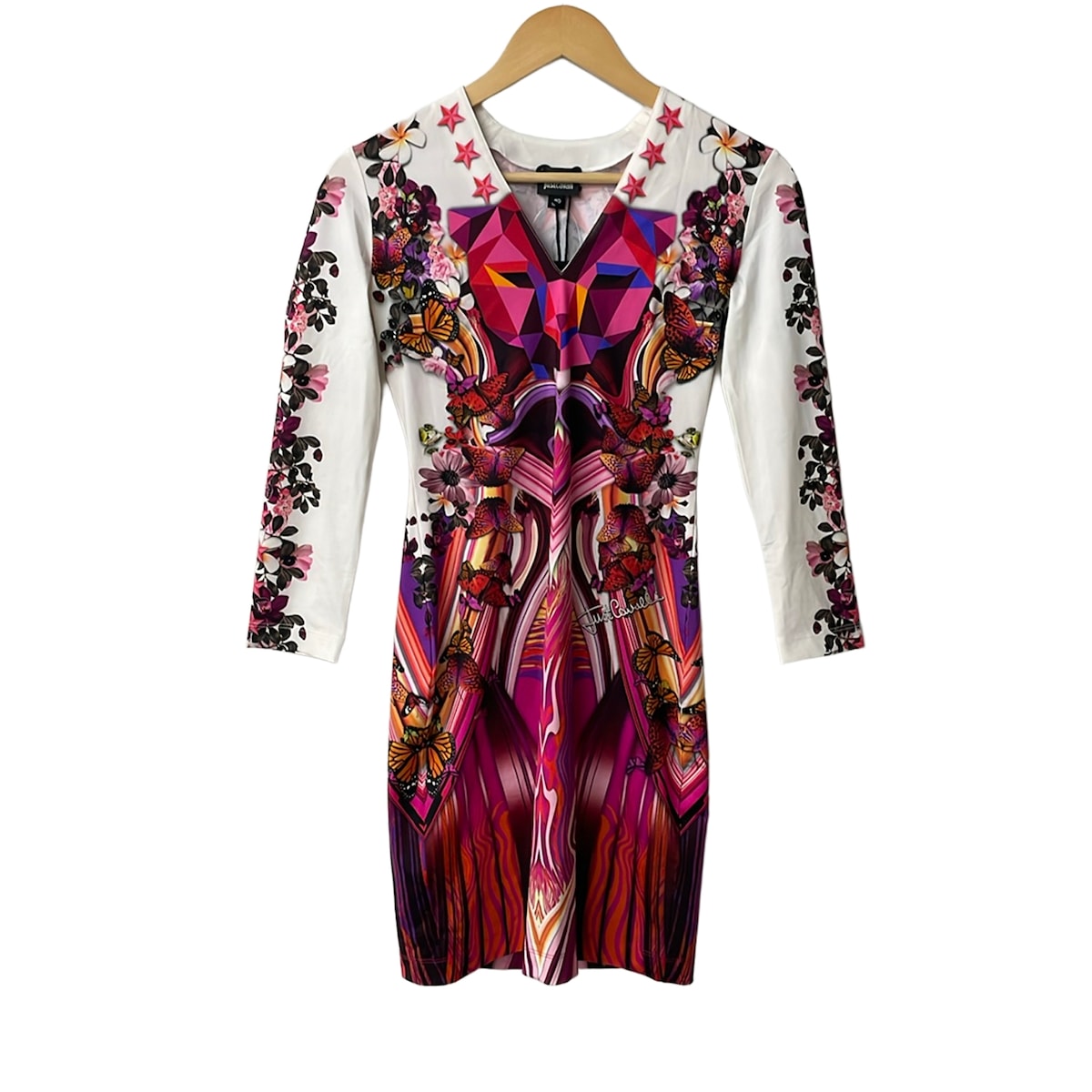 【新着】【中古】JUST cavalli(ジャストカヴァリ) 衣装 V素っ首/長袖/ひざ丈/夢見鳥(蝶)/はやりっ子(星)/花柄 サクラ色×白×マルチ