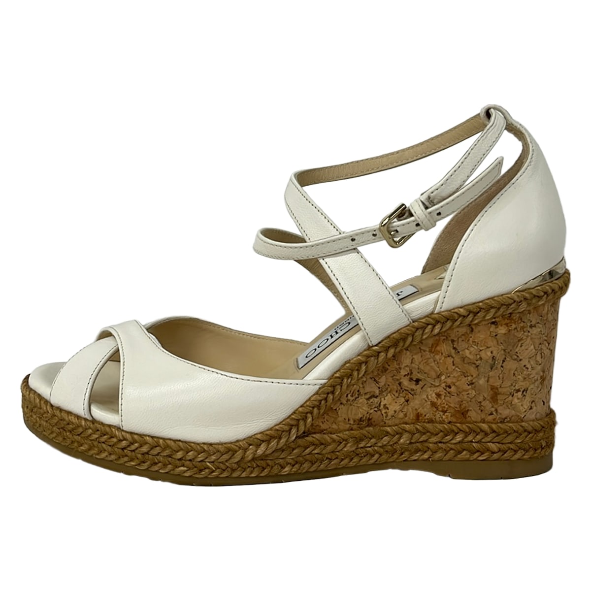 【新着】【中古】JIMMY CHOO(ジミーチュウ) パンプス ウェッジソール/オープントゥ 象牙色×赤銅色 リネン、なめし革