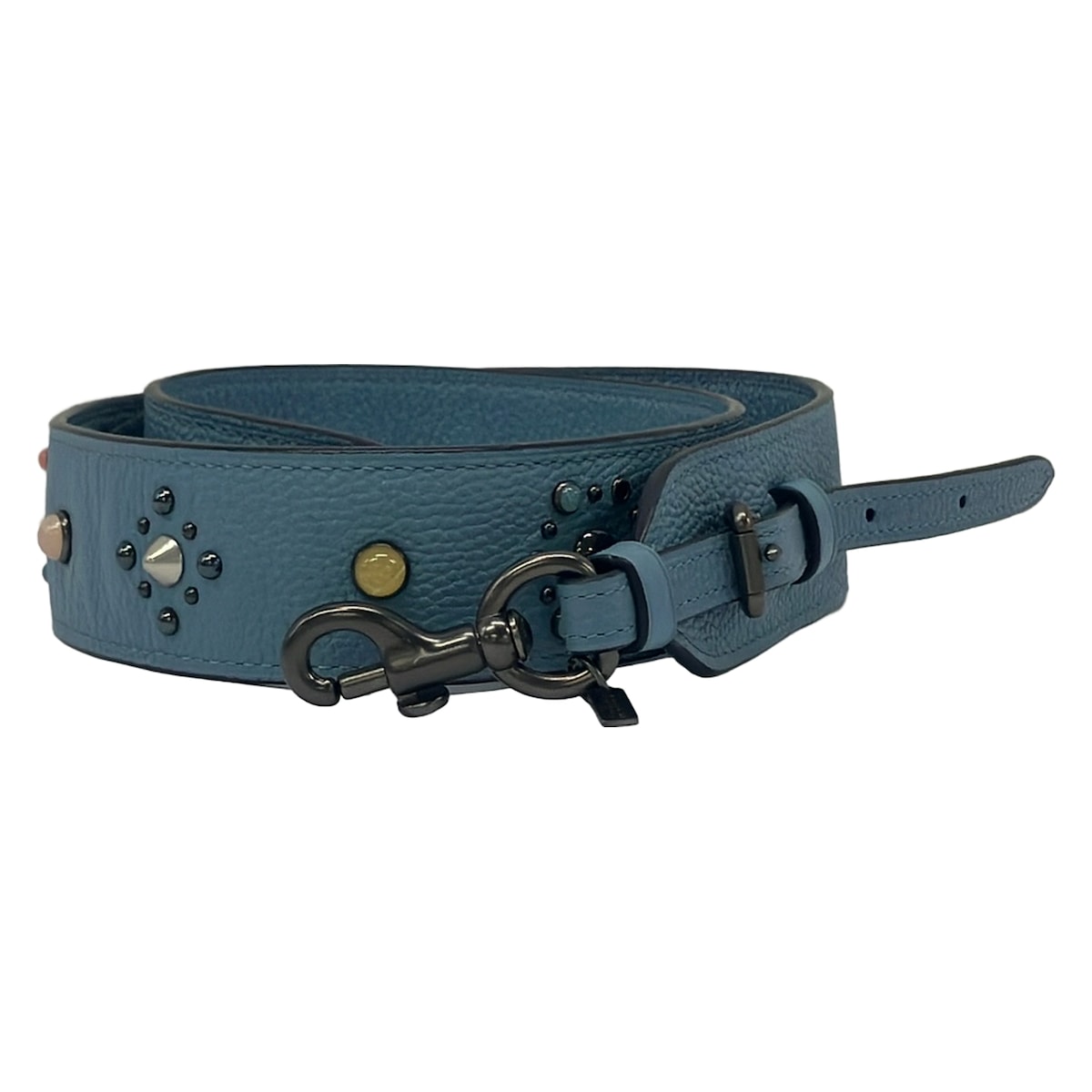 【新着】【中古】COACH(コーチ職) ストラップ スタッズ/色つや石ころ 青碧薄墨色×マルチ なめし革