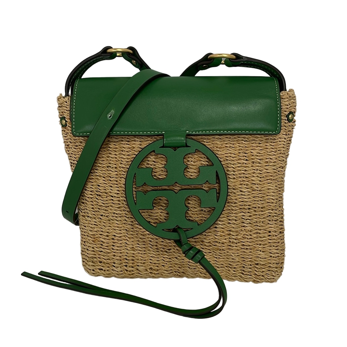 【新着】【中古】TORY BURCH(トリーバーチ) ショルダーバッグ かご御徒面子/ほつれあり ベージュ×緑であること なめし革