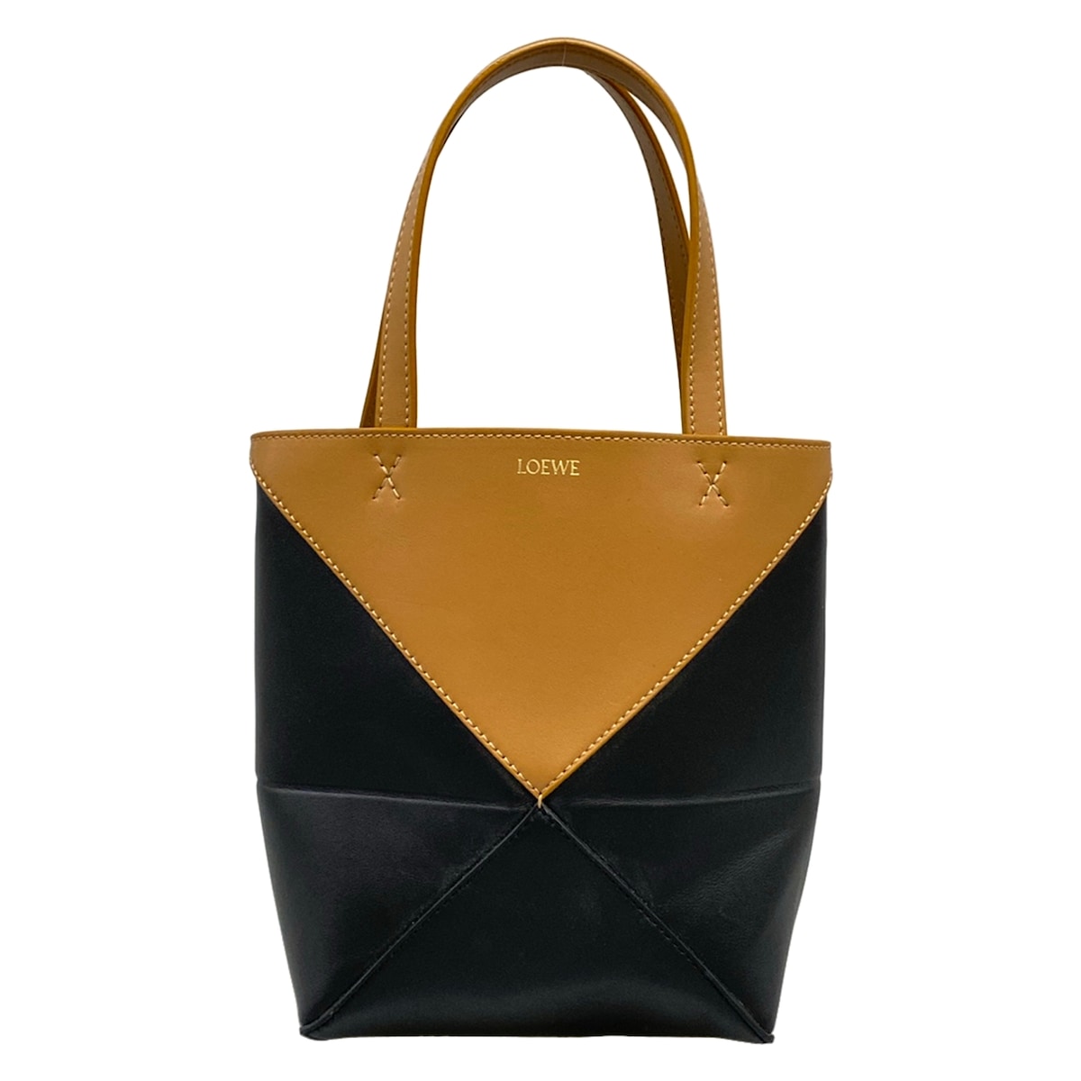 【新着】【中古】LOEWE(ロエベ) パズルフォルド トート ミニ トートバッグ 折りたたみ/バイ色つや 黒×ウォーム乾荒原（赤銅色）