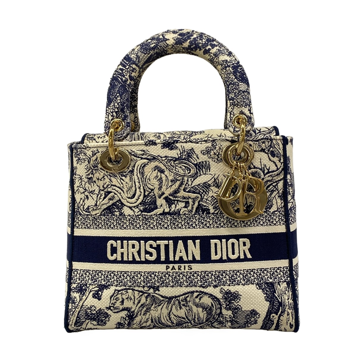 【中古】DIOR/ChristianDior(クリスチャンディオール/ディオール) レディディーライト ミディアムバッグ ハンドバック トワル ドゥ ジュイ 刺しゅう/ゴールド金具 白×米国海軍