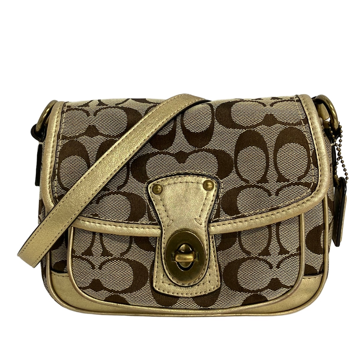 【新着】【中古】COACH(コーチ職) シグネチャークリケットショルダーバッグ ショルダーバッグ カーキ×ゴールド なめし革