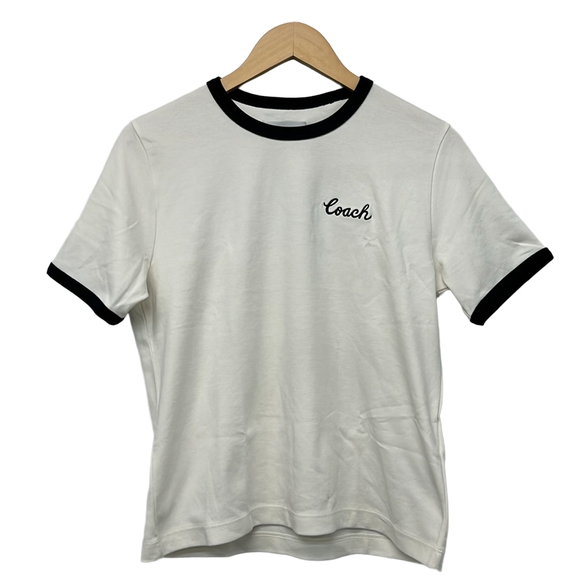 【新着】【中古】COACH(コーチ職) 名書き リンガー ティーシャツ 半袖ティーシャツ ロゴタイプ刺しゅう 白×黒