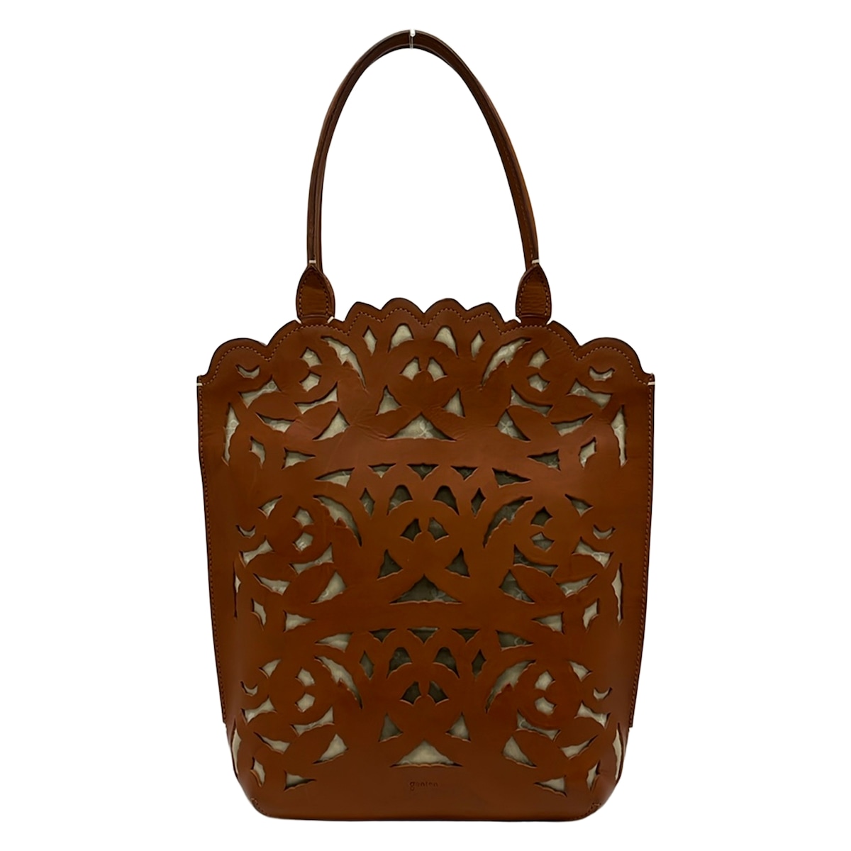 【中古】genten(遺伝因子拾) Garden cutwork(ガーデンカットワーク) トートバッグ パンチング 赤銅色×ベージュ 綿織物、なめし革