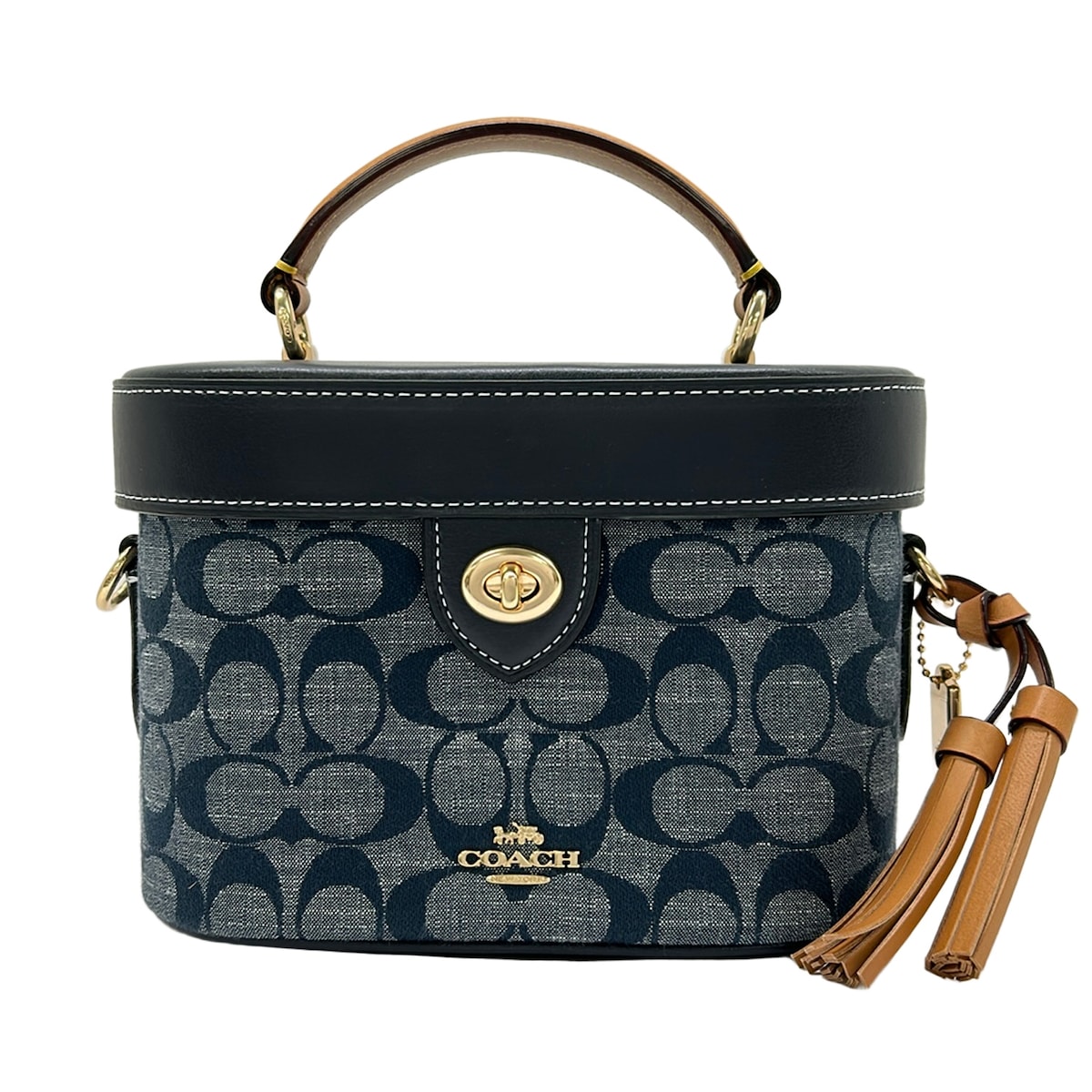 【新着】【中古】COACH(コーチ職) ケイクロスボディシグネチャーシャンブレー バニティバッグ 米国海軍×青色×点火装置赤銅色 なめし革