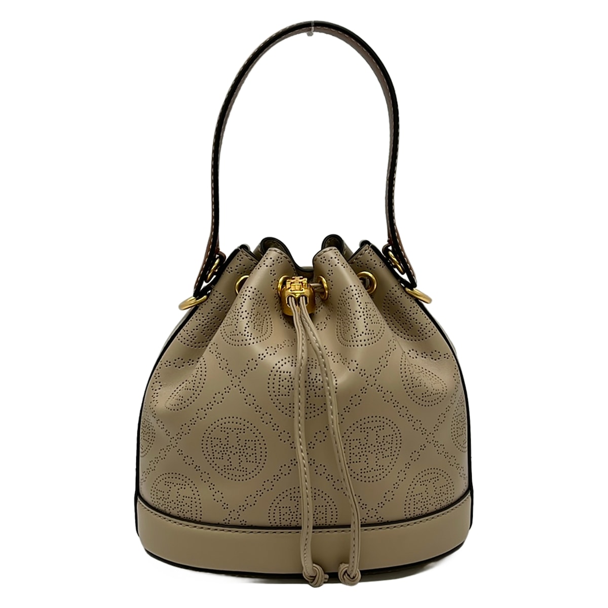 【新着】【中古】TORY BURCH(トリーバーチ) Tモノグラム 井戸釣瓶御徒面子 ハンドバック 合切袋型/パンチング ベージュ×赤銅色 なめし革