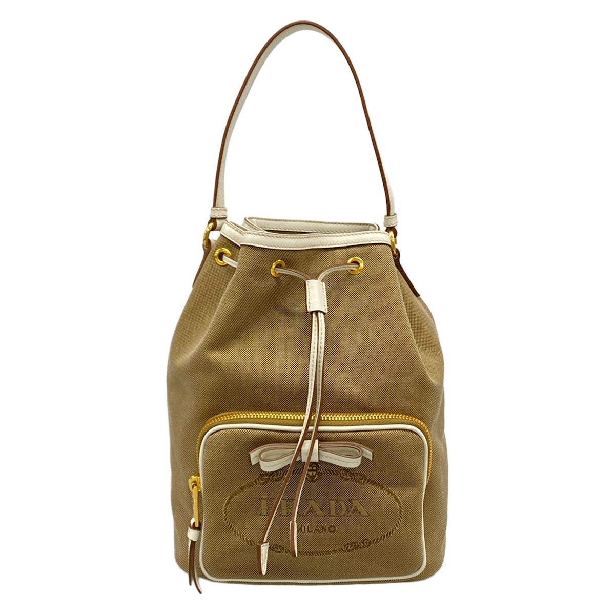 【新着】【中古】PRADA(プラダ) ロゴジャガード ハンドバック 合切袋型/シュロの葉 ベージュ×白 なめし革