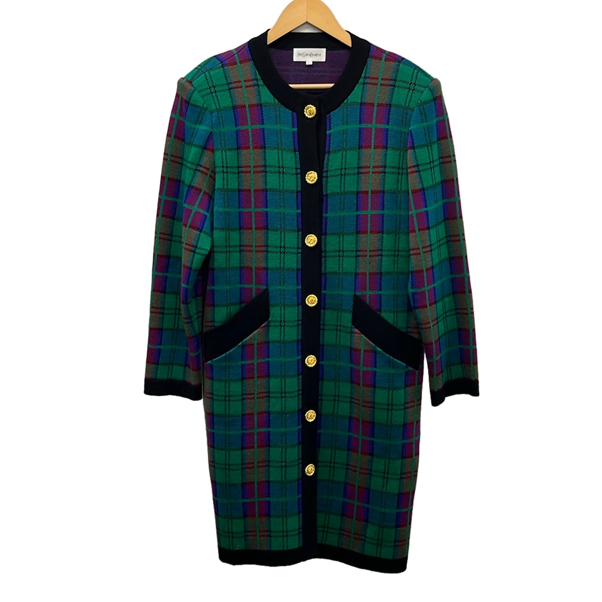 【中古】YvesSaintLaurent(イヴサンローラン) 厚地の外套 長袖/編み物/照合のしるし柄/肩パッド/春/秋 緑であること×黒×マルチ