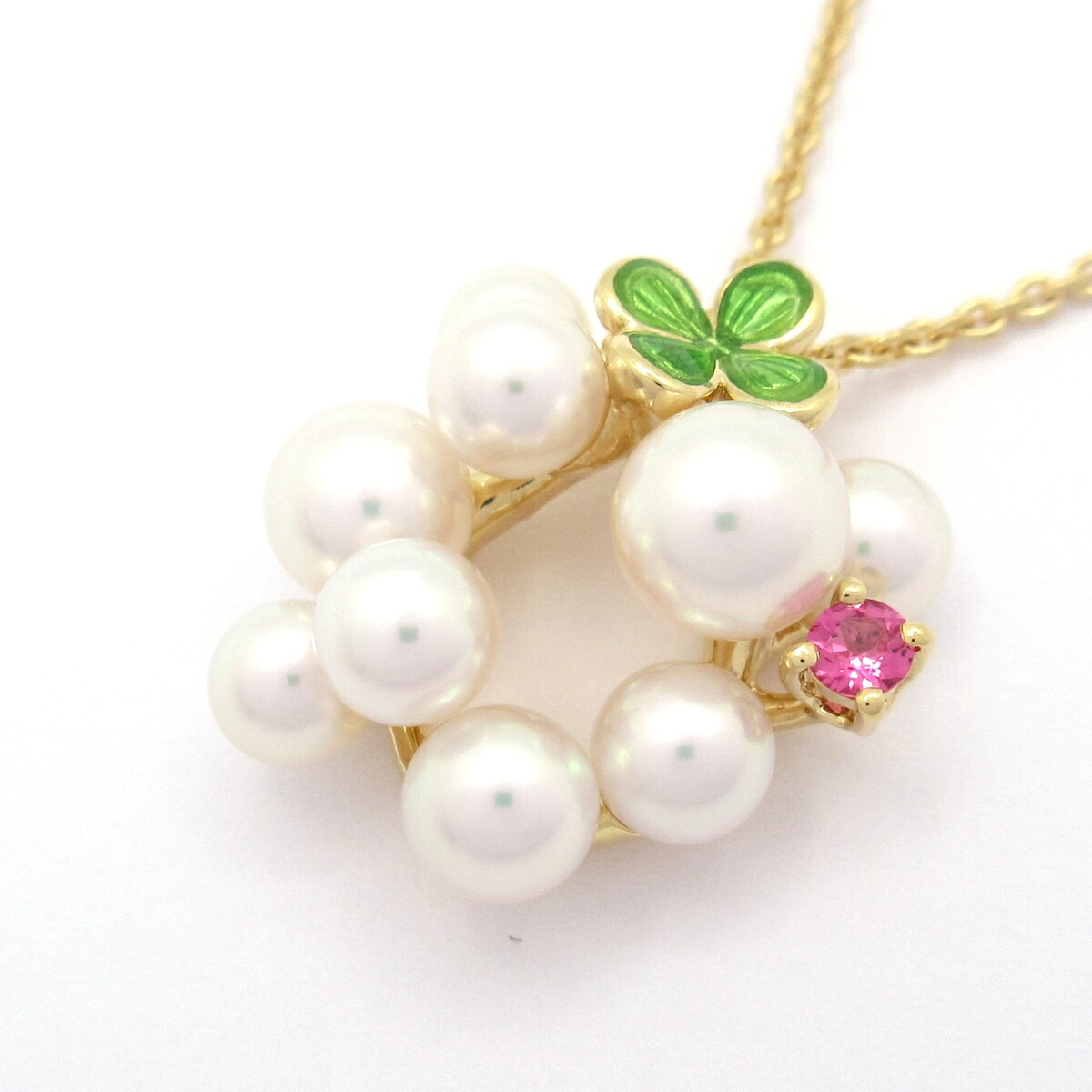 【中古】mikimoto(ミキモト) ネックレス 9Pパール/パール直径約4.0～5.5mm/クローバー K18YG&times;アコヤパール&times;スピネル&times;グリーン｜ブランディア　店