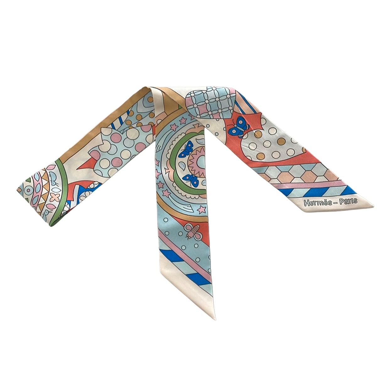 【中古】HERMES(エルメス) ツイロバート・エドワード・リー えり巻き シュロの葉えり巻き/LES MURMURES DE 天使の都市 FORET（森のささやき） 象牙色×ともし火青み×マルチ