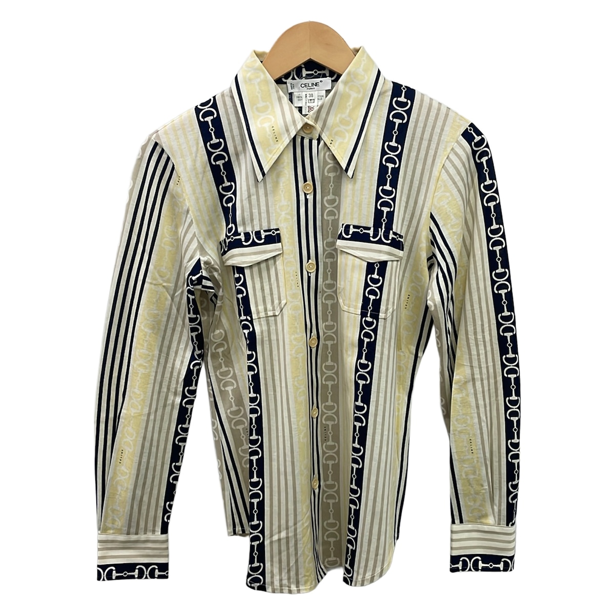 【中古】CELINE(セリーヌ) 長袖プルオーバートップ 縞模様 象牙色×黒×マルチ