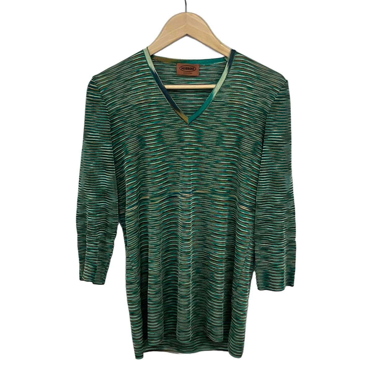 【中古】MISSONI(ミッソーニ) 長袖スウェーター Vのど首/間借り人 うす暗い緑であること×黒×マルチ