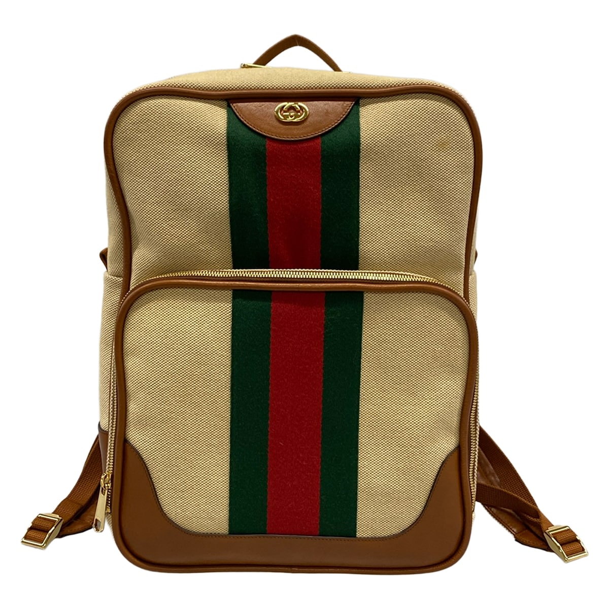 【中古】GUCCI(グッチ) シェリー酒(ウェッブ),インターロッキングG 背嚢 ベージュ×赤銅色×マルチ なめし革