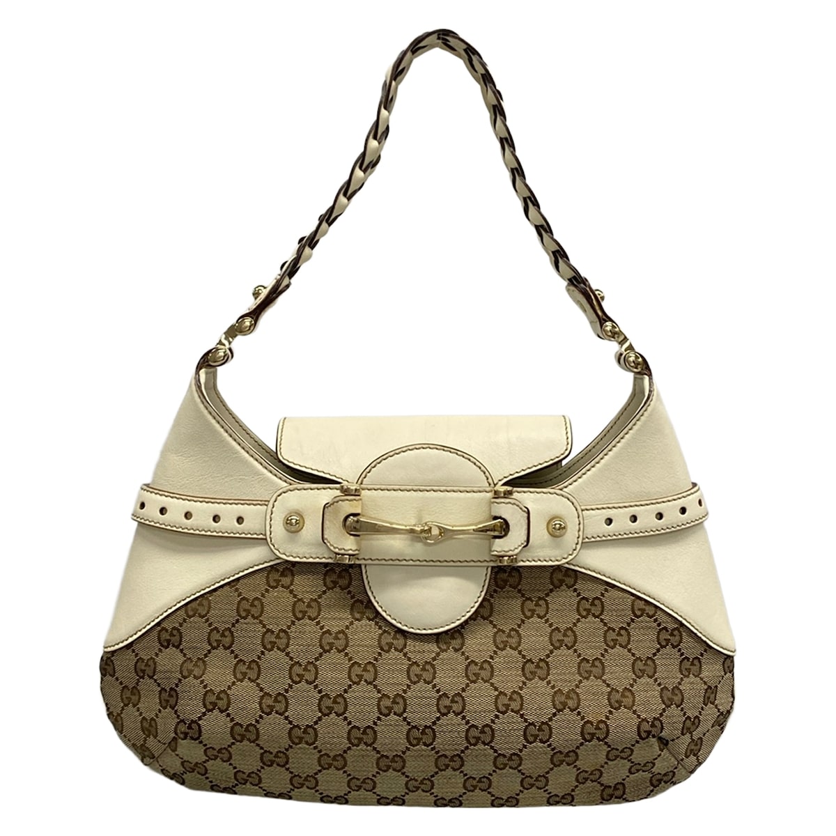 【中古】GUCCI(グッチ) 導管ビット,GG柄 ショルダーバッグ ベージュ×うす暗い赤銅色×象牙色 なめし革