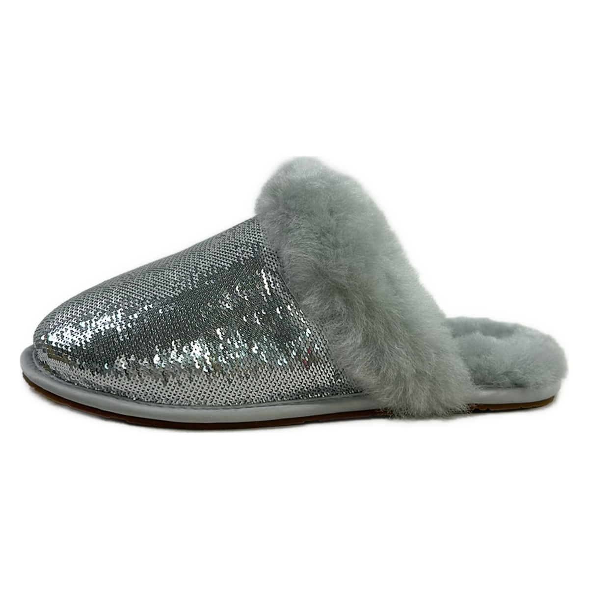 【新着】【中古】UGG(アグ) スカフェット II 銀鏡 どんぶり鉢 靴 家庭用スリッパ／御部屋シューズ/スパンコール ともし火薄墨色×しろがね色 羊肉