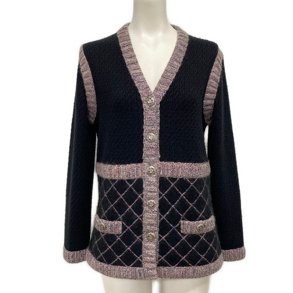 【中古】CHANEL(シャネル) ジレー 長袖/2015年/カメリア 黒×さくら色×マルチ カシミール、地絹