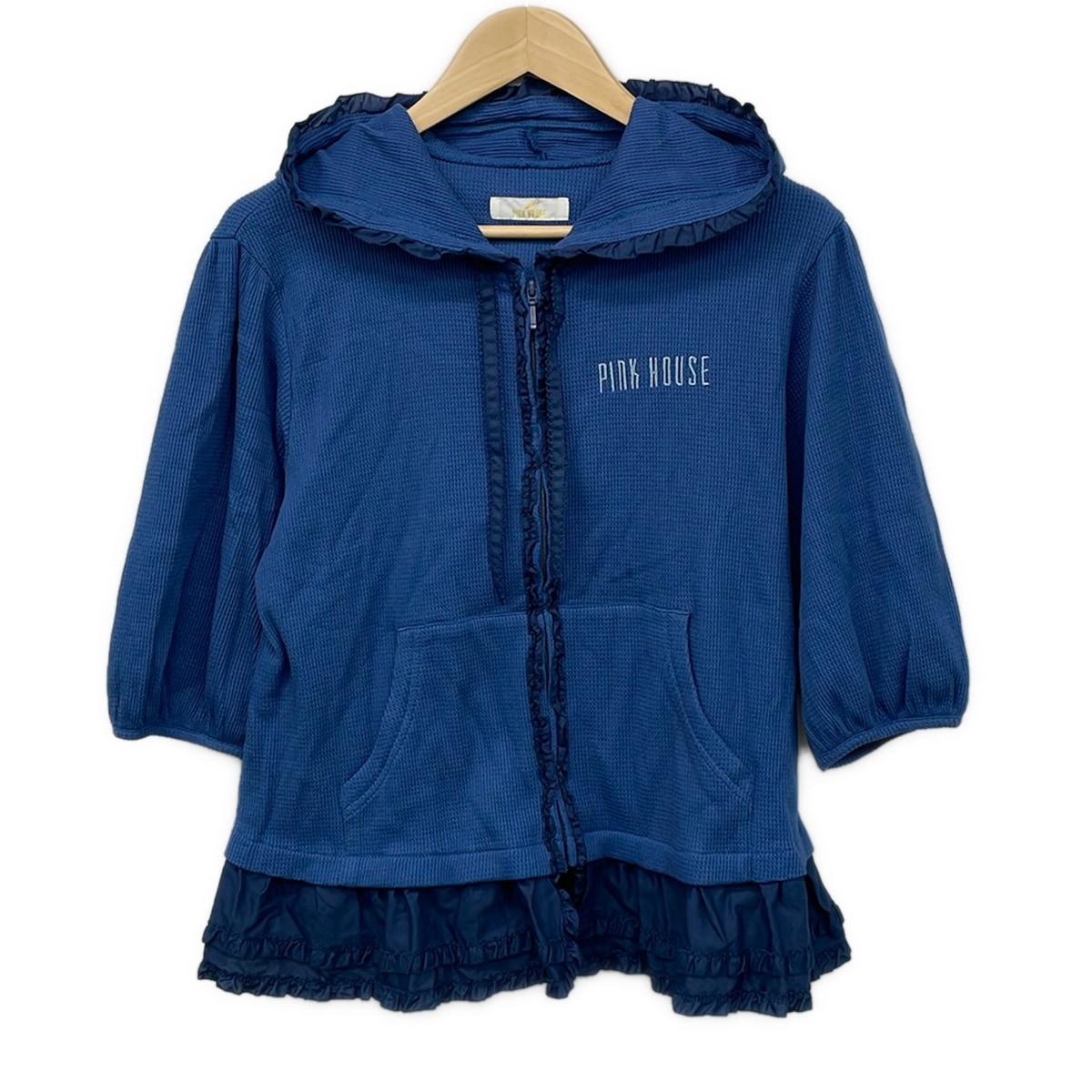 【新着】【中古】PINK HOUSE(ピンクハウス) パーカー 七分袖/刺しゅう/フラウンス 青碧薄墨色