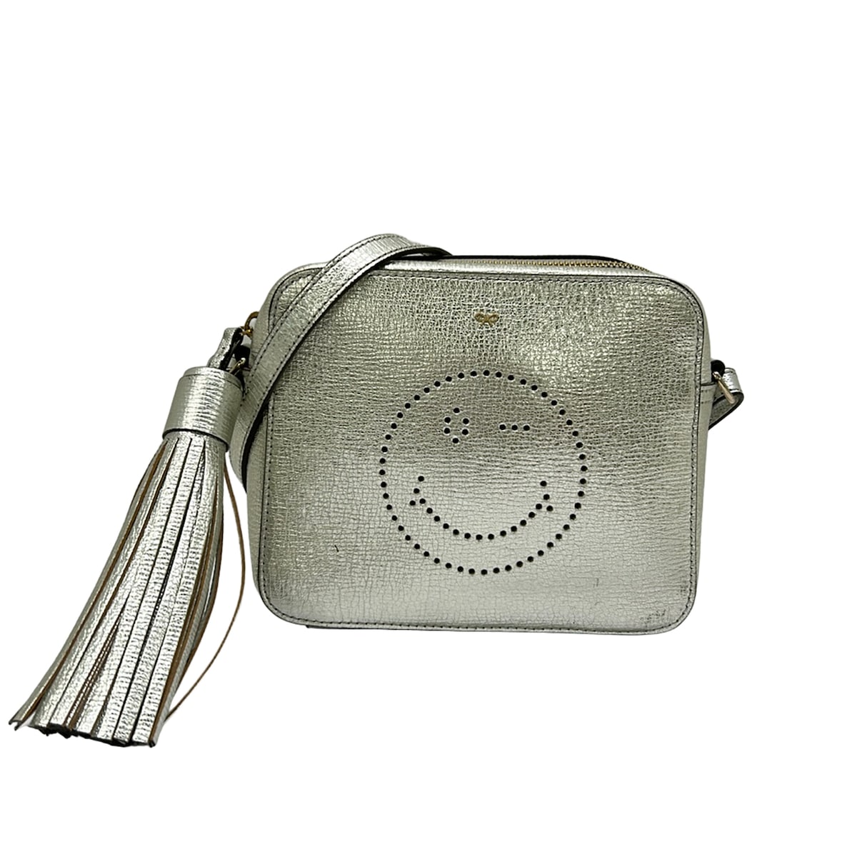 【新着】【中古】Anya Hindmarch(アニヤハインドマーチ) スマイリーウィンク ショルダーバッグ タッセル しろがね色 なめし革