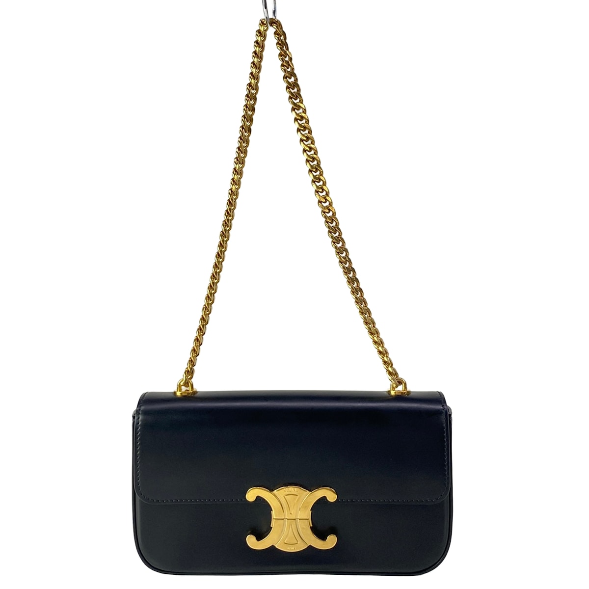 【中古】CELINE(セリーヌ) トリオンフクロード ショルダーバッグ 黒×ゴールド なめし革