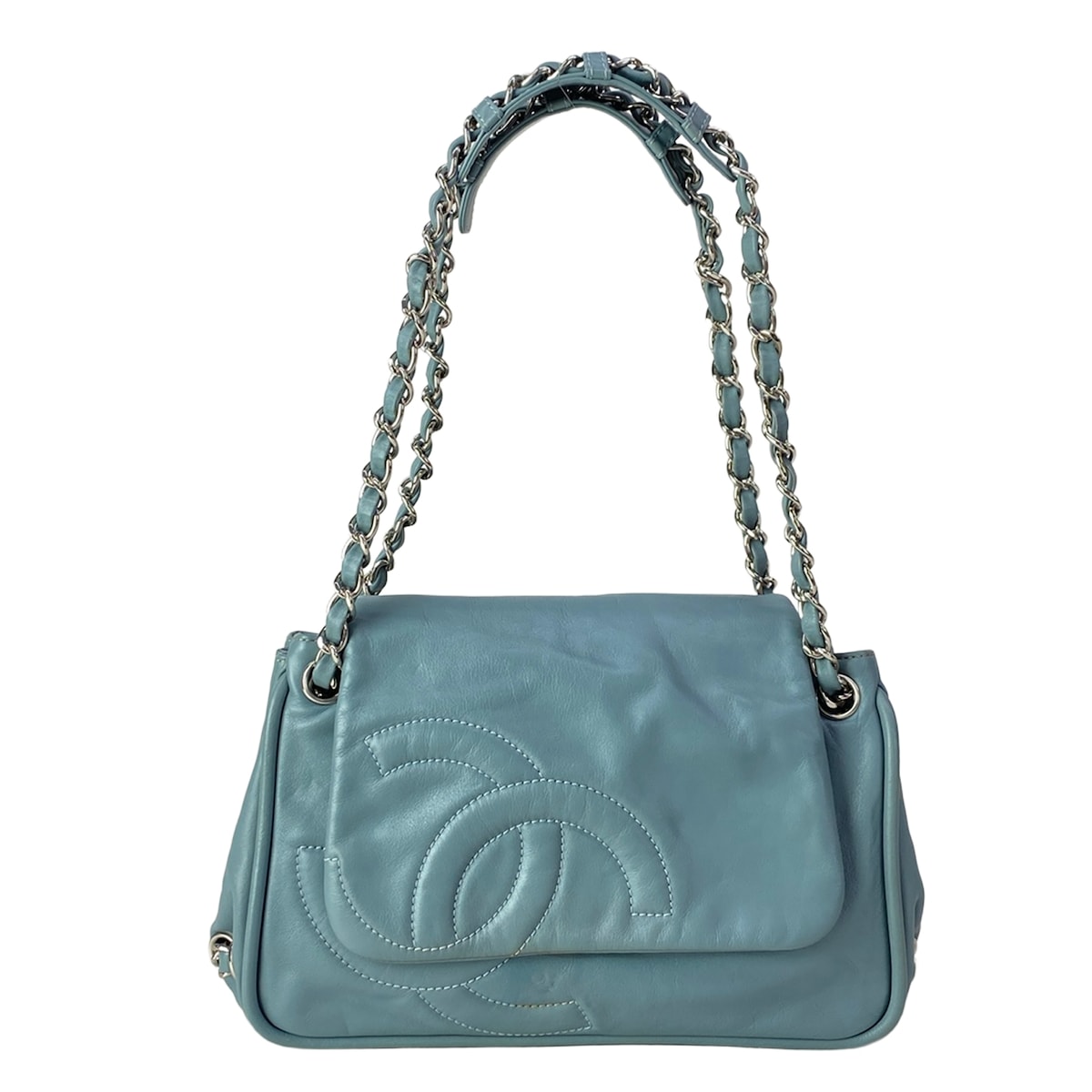 【新着】【中古】CHANEL(シャネル) ショルダーバッグ チェーン店肩肉/しろがね色金具 青碧薄墨色 なめし革