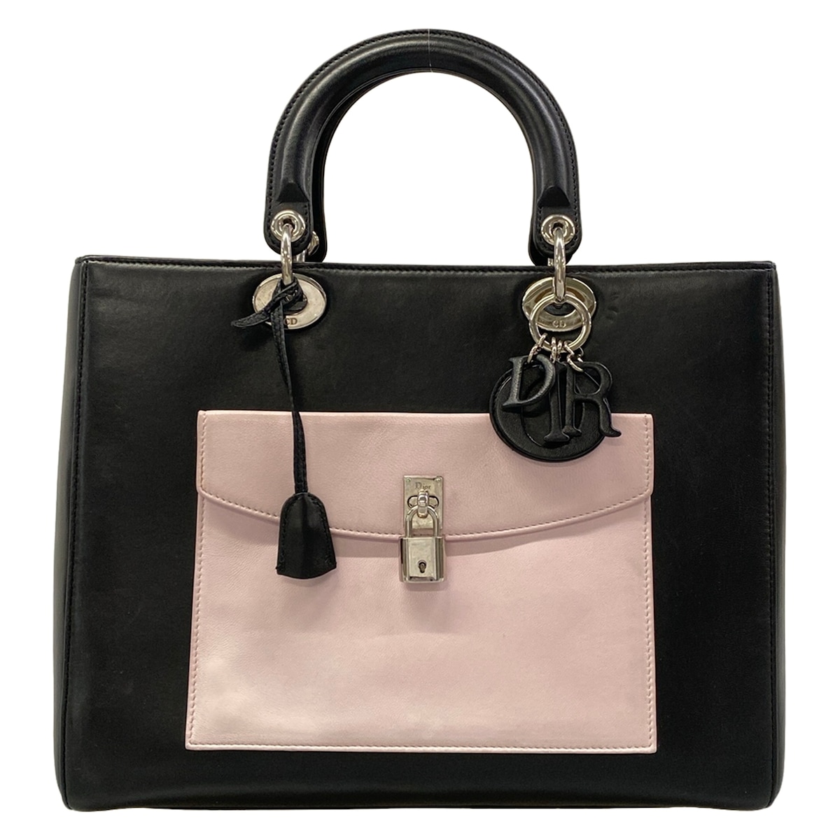 【中古】DIOR/ChristianDior(クリスチャンディオール/ディオール) レディディオールラージバッグ ハンドバック 衣嚢 黒×点火装置サクラ色×緑であること なめし革