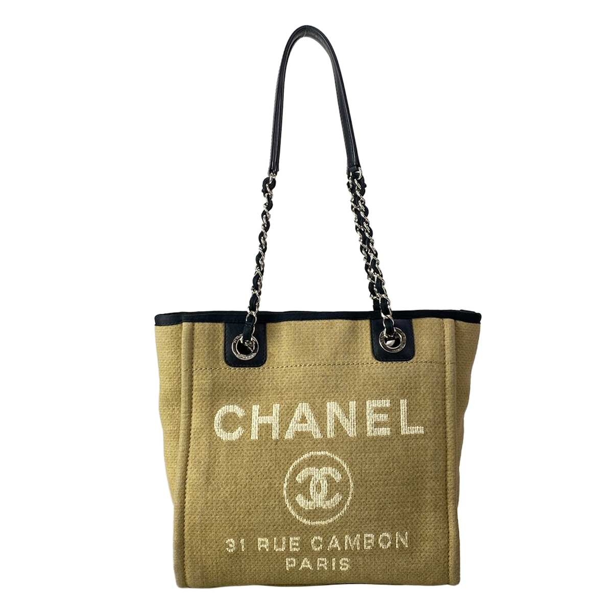 【新着】【中古】CHANEL(シャネル) ドーヴィルラインPM トートバッグ チェーン店肩先/しろがね色金具 ベージュ×黒×白 なめし革