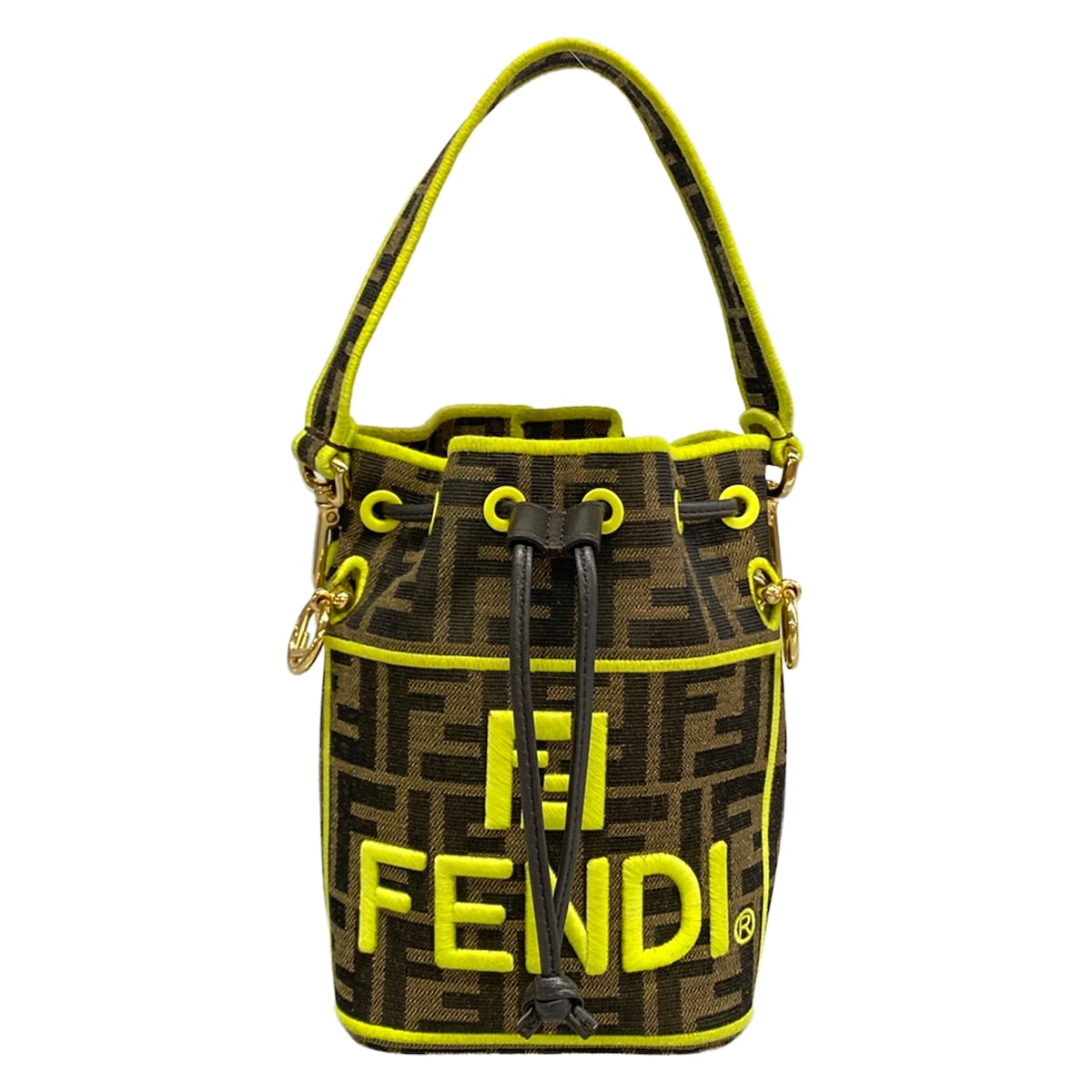 【新着】【中古】FENDI(フェンディ) ミニ モン トレゾール/ズッカ柄 ハンドバック 合切袋型 暗然たる赤銅色×ベージュ×黄色 なめし革