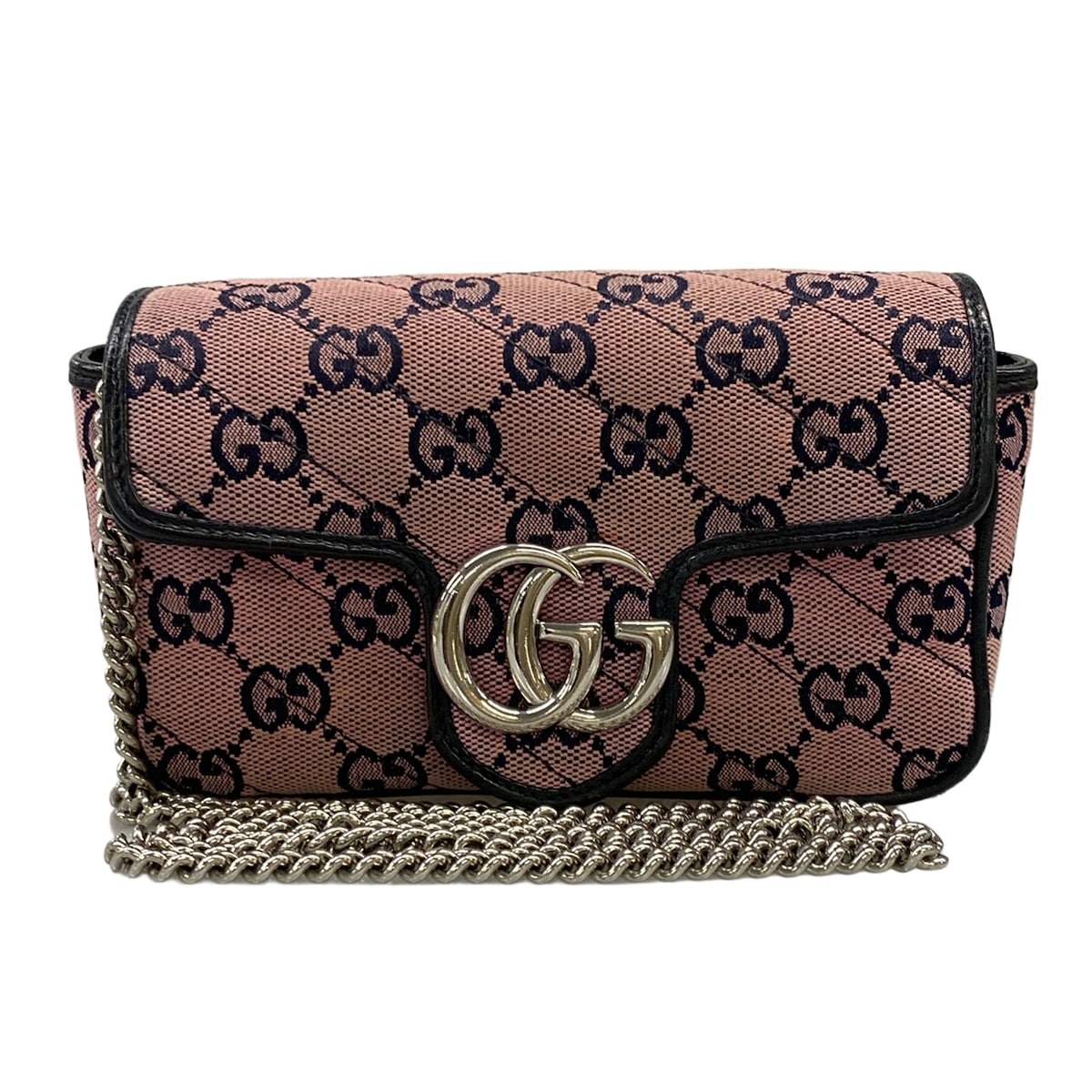 【新着】【中古】GUCCI(グッチ) GGマーモント ショルダーバッグ チェーン店肩肉/ミニ御徒面子 点火装置さくら色×ダークネイビー なめし革