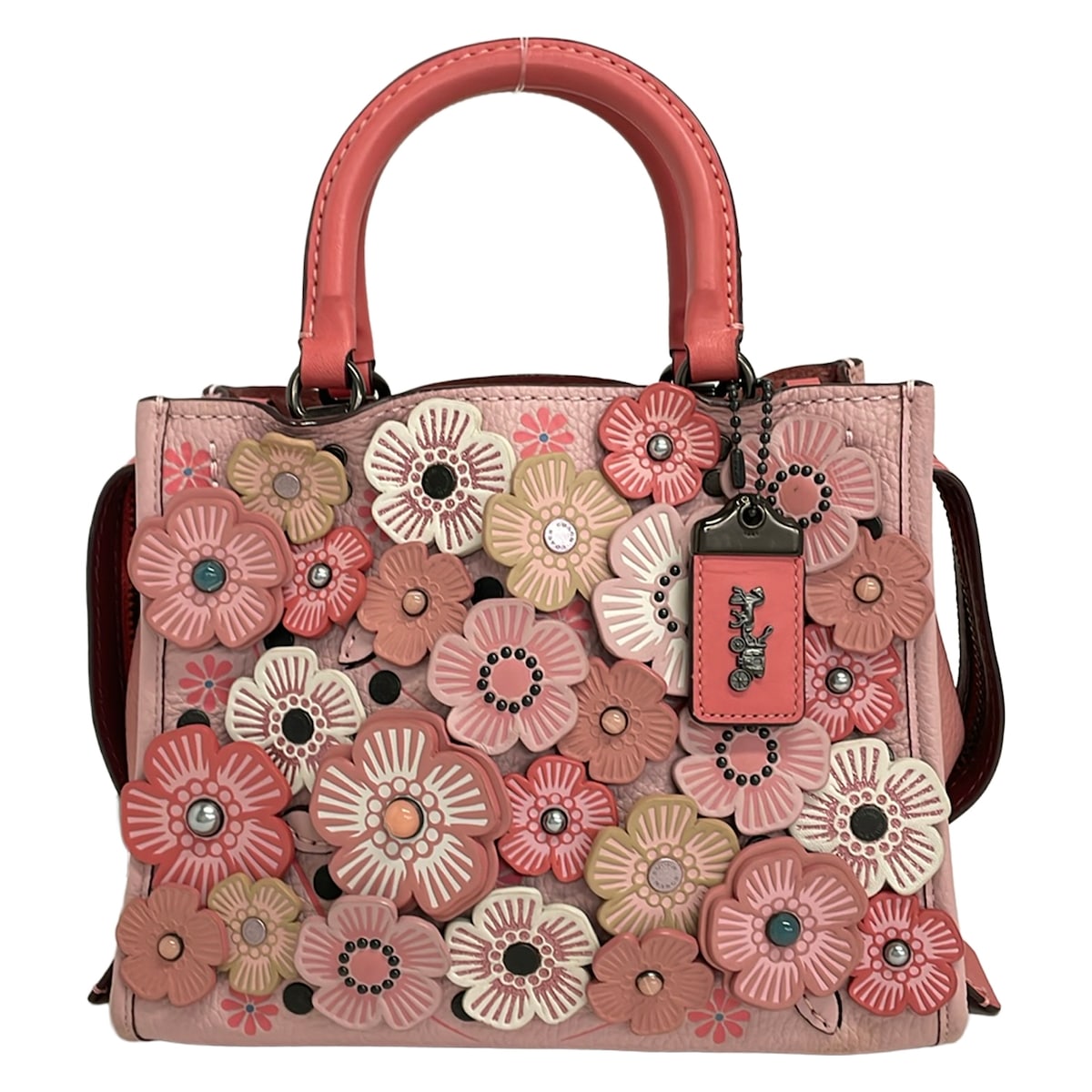 【新着】【中古】COACH(コーチ職) ローグ25 ウィズ 紅茶 サクラ色 アップリケ トートバッグ ともし火サクラ色×サクラ色×ベージュ なめし革