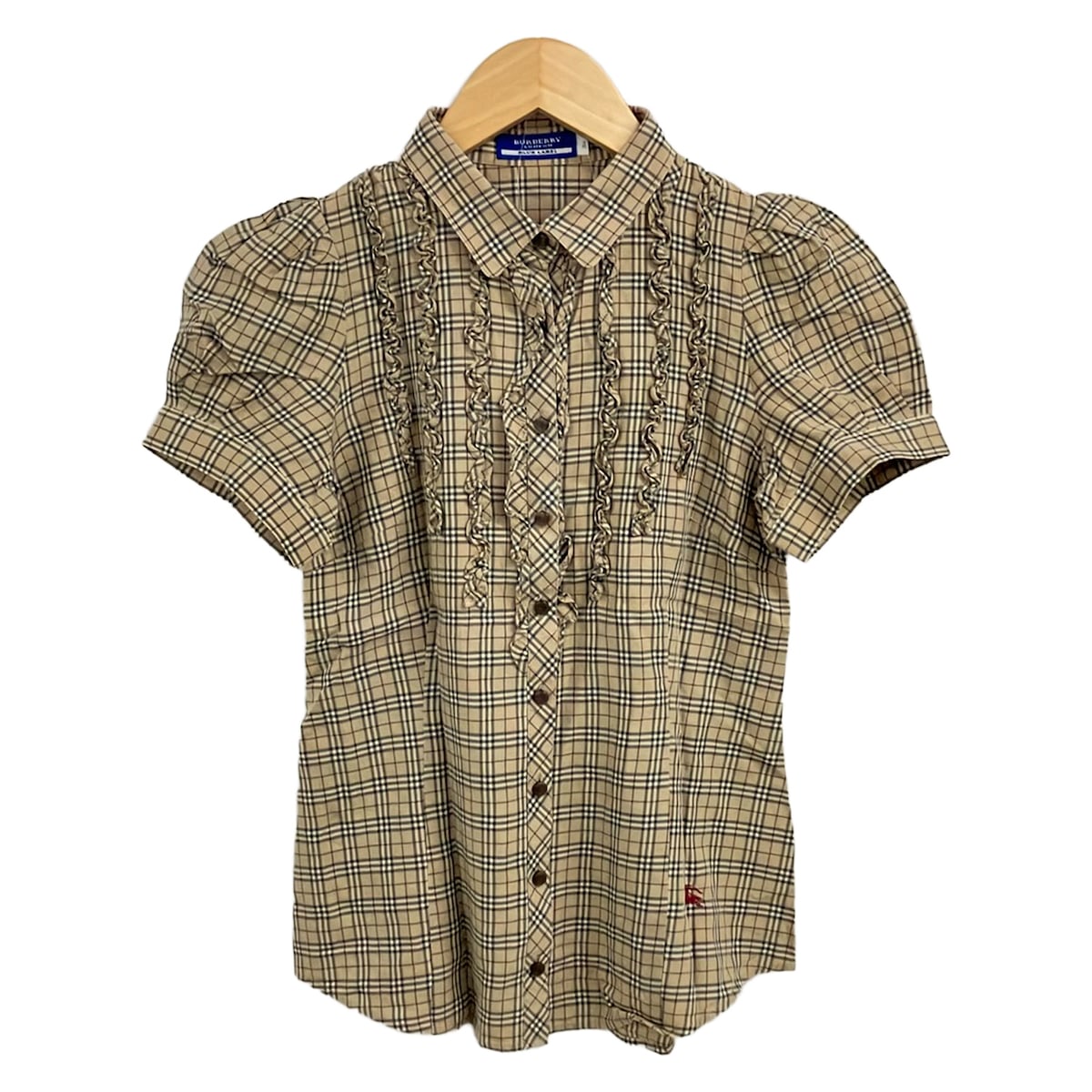 【新着】【中古】Burberry Blue Label(バーバリーブルーレーベル) 七分袖プルオーバートップ 読み合わせる柄/フラウンス 薄墨色ベージュ×白×マルチ