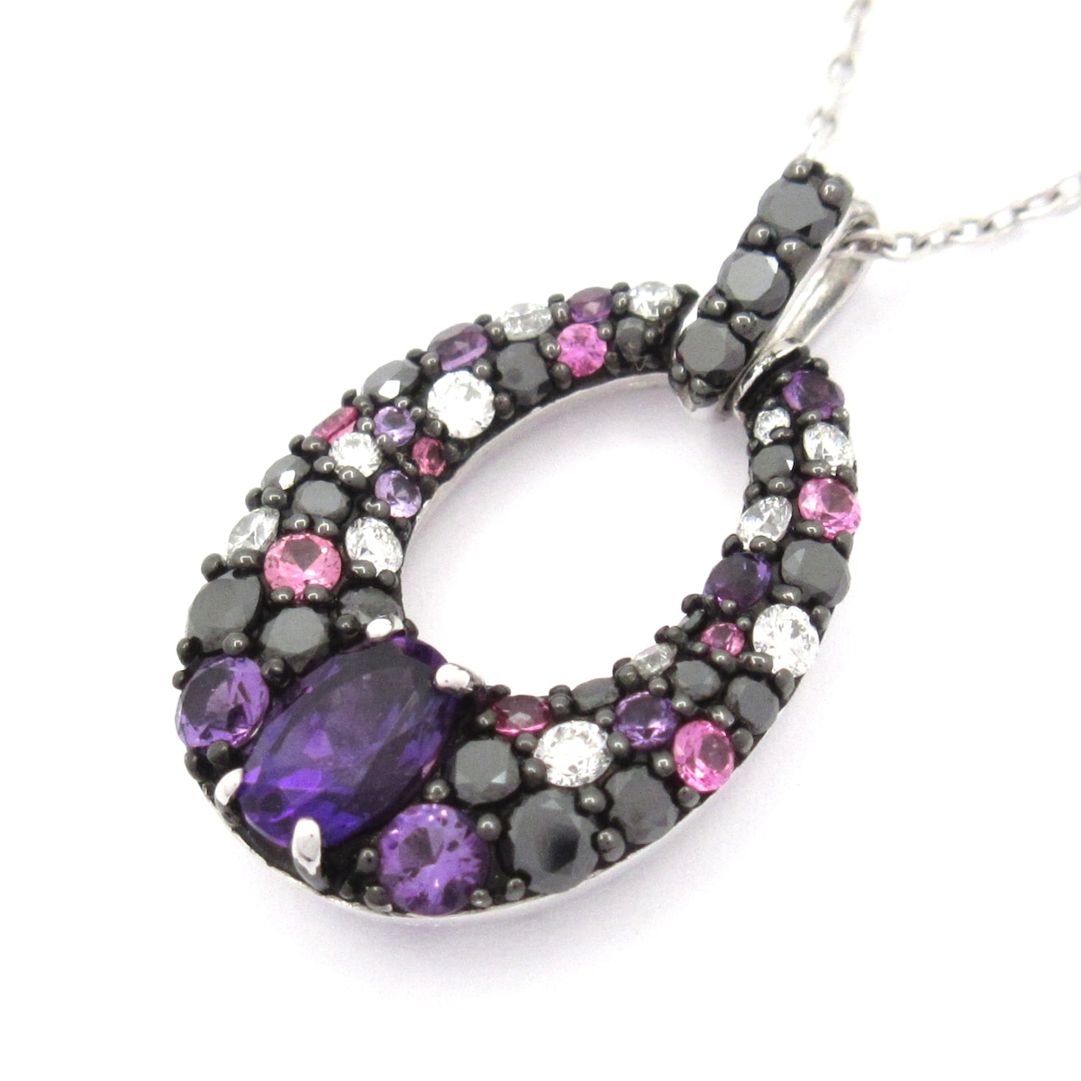 【中古】Sirena Azzurro(セイレーンアズーロ) ネックレス アメジスト0.6ct/ブラックダイヤ0.4ct/ダイヤ0.18ct/ピンクサファイア0.1ct K18WG×アメジスト×マルチ|ブランディア 店
