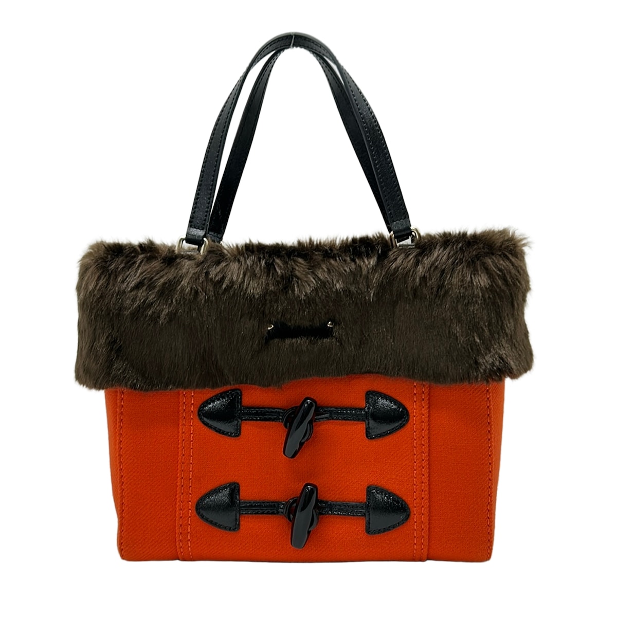 【新着】【中古】Kate spade(ケイトスペード) トートバッグ オレンジ色×うす暗い赤銅色×黒 羊毛、なめし革、フェイクファー